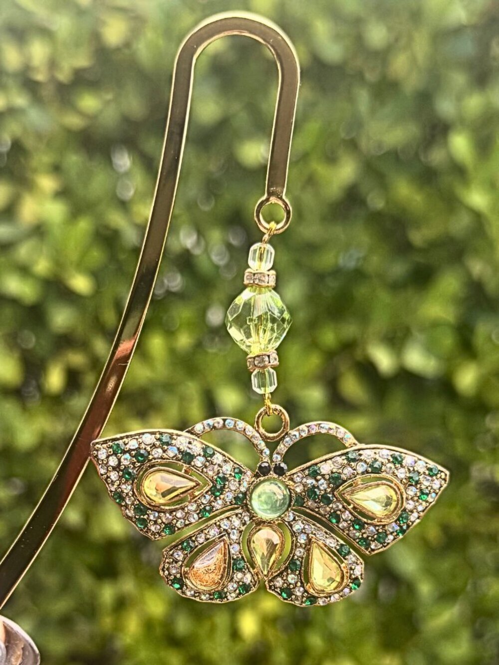 Vintage Bombay Bookmark Jeweled Butterfly Gold Green Amber Stones Jewels in Box
